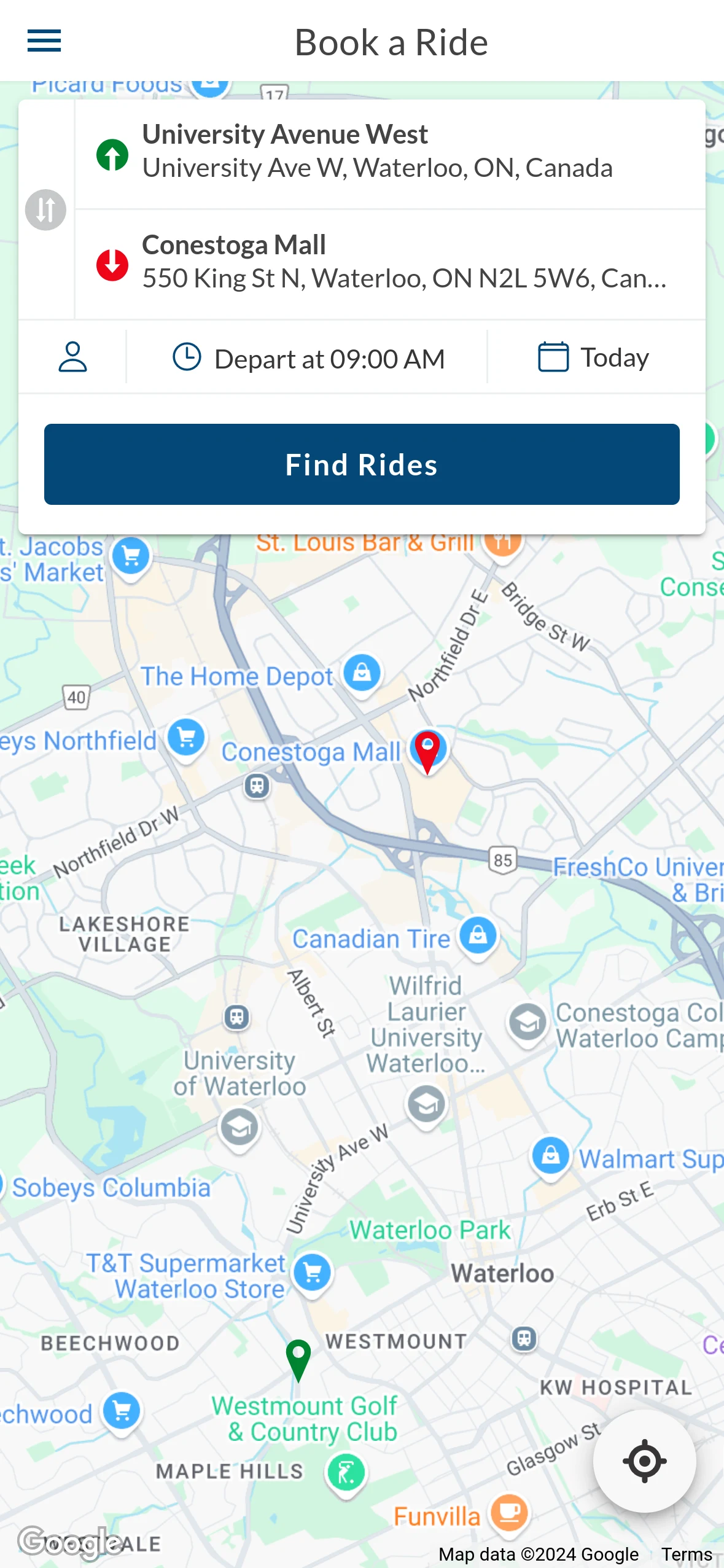 RideCo Waterloo screenshot
